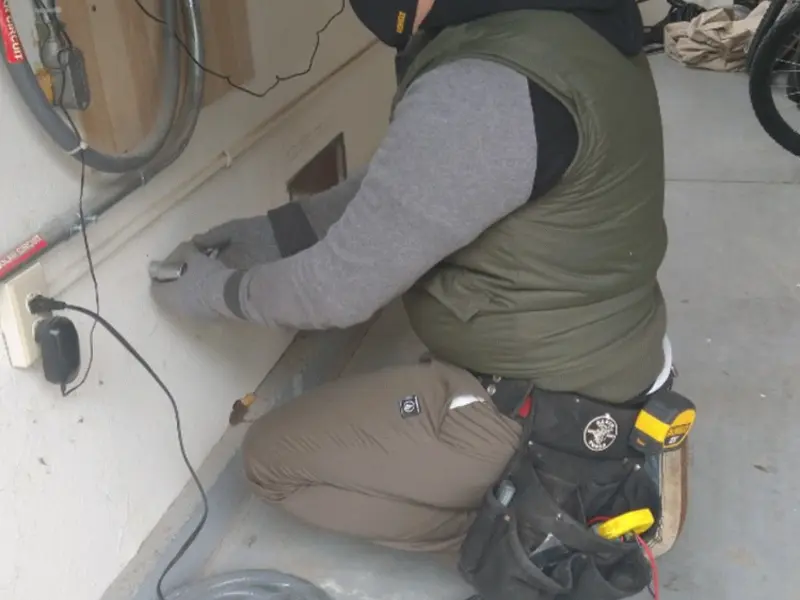 Electrician performing outlet wiring in a Pittsfield garage